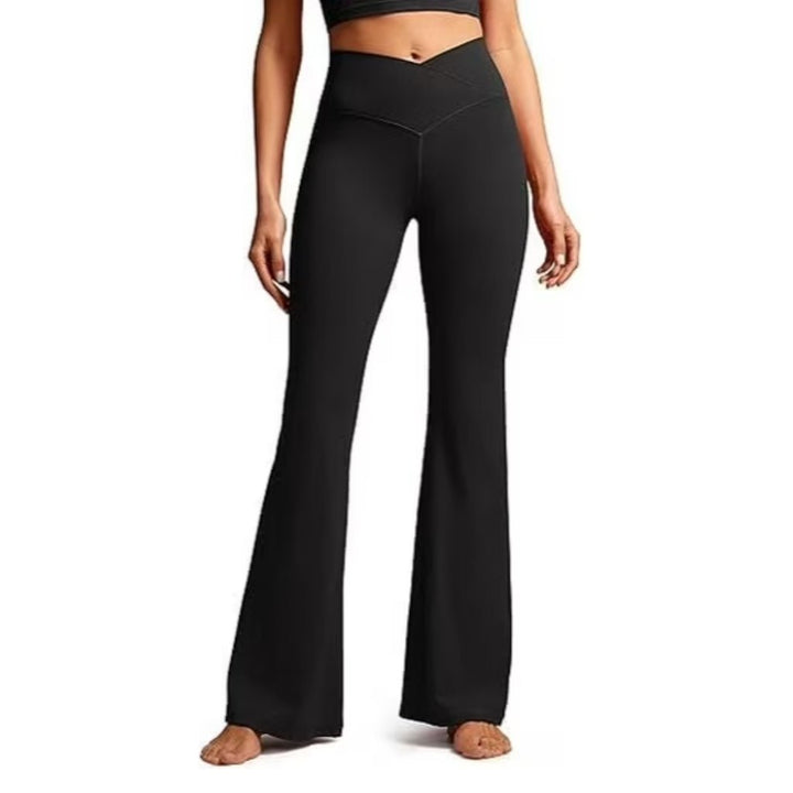 Yogaration Flare High Rise V - Waist Crossover Black Yoga Pants for Women with Pockets - WM - Cambivo