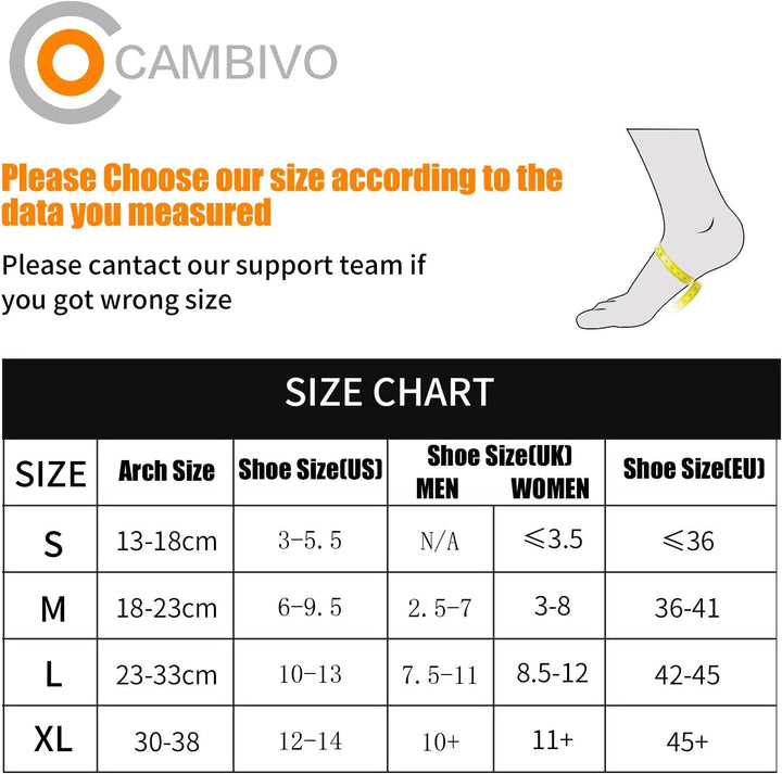 CAMBIVO Plantar Fasciitis Relief Socks Size Chart