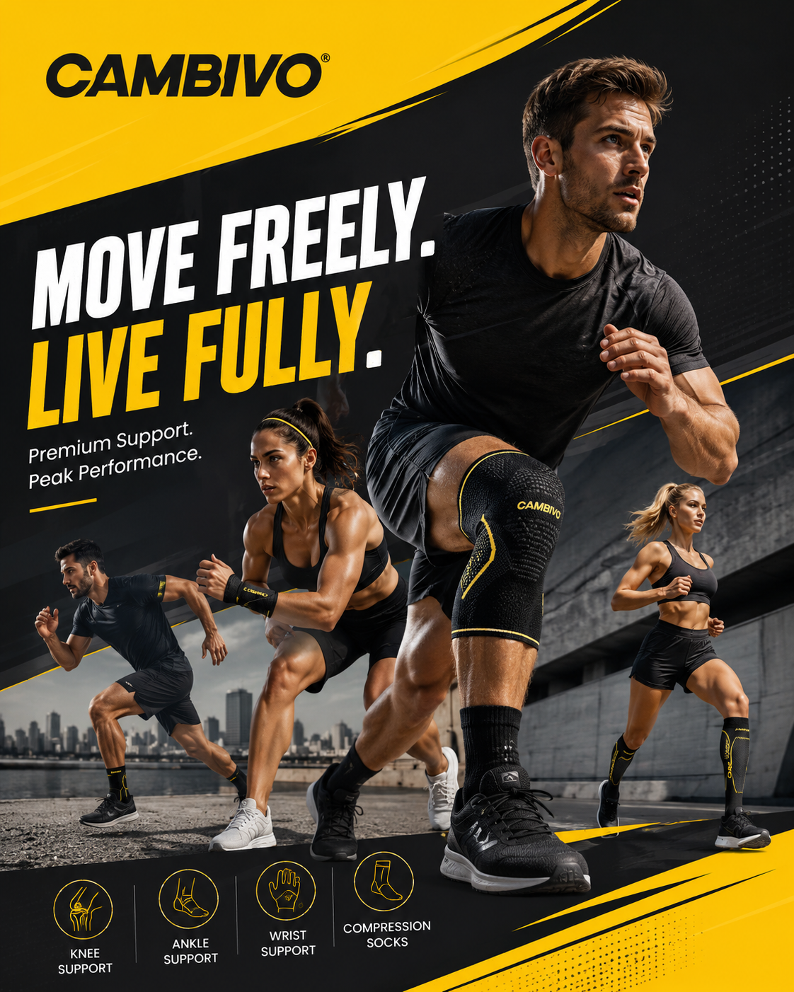CAMBIVO branded sports support banner with active athletes and support products